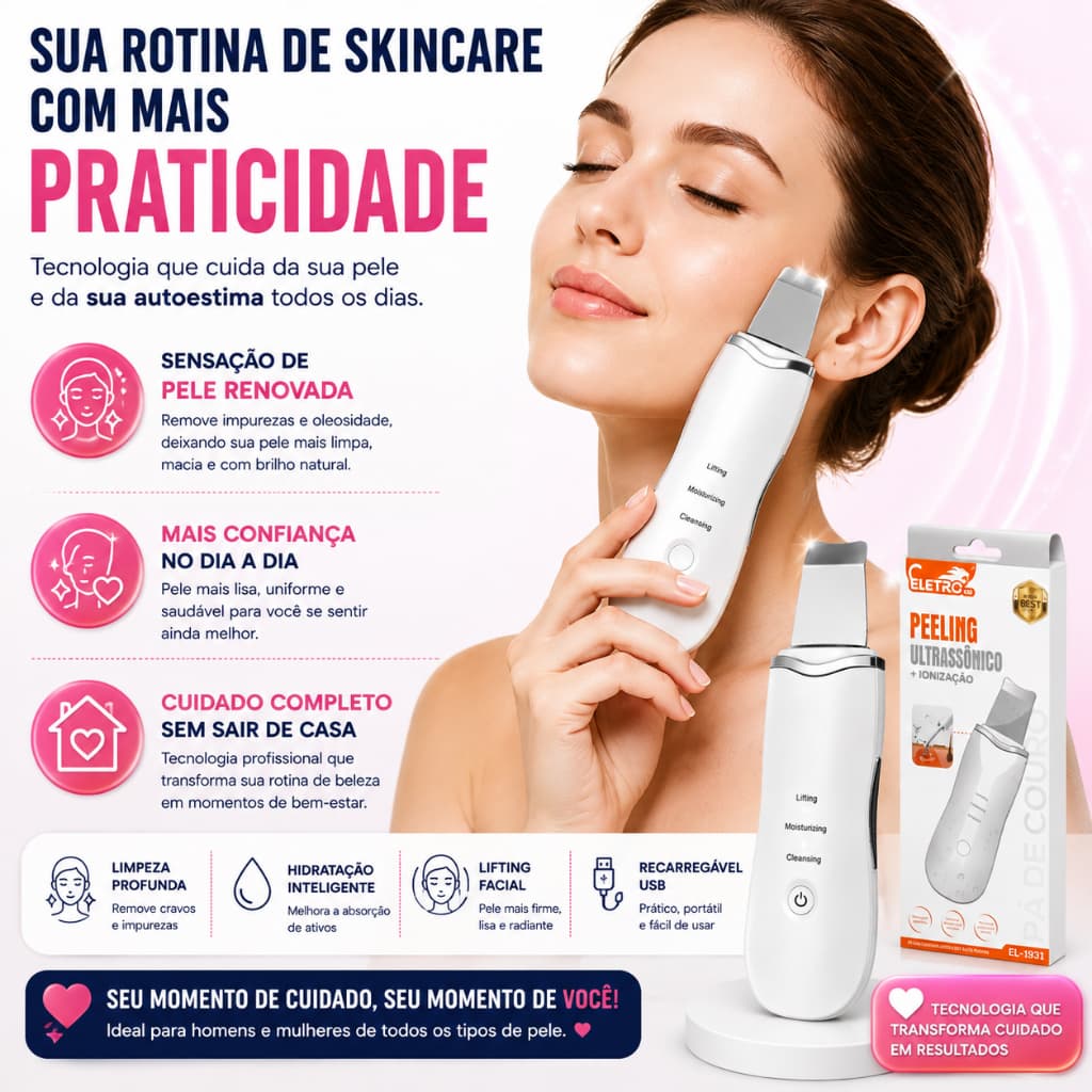 Espátula Ultrassônica Facial 3 em 1 Removedor de Cravos Peeling Limpeza de Pele Recarregável USB