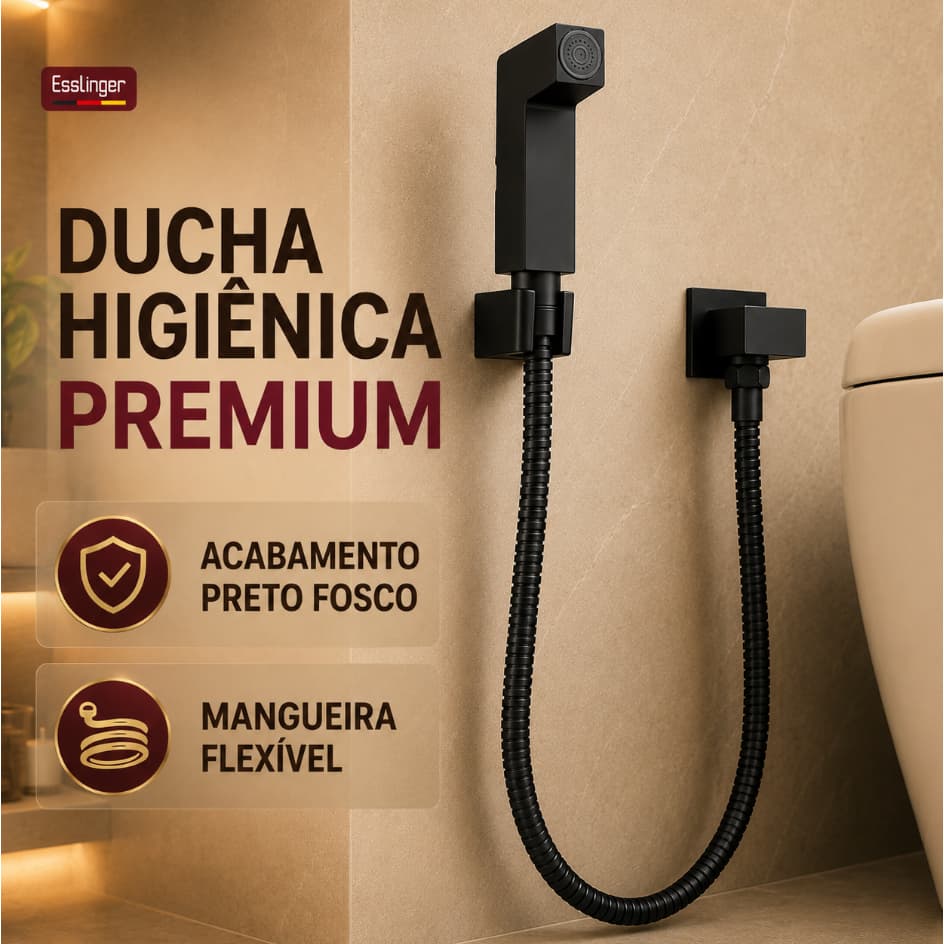 Kit Ducha Higiênica Quadrada Preto Completa Registro Metal Mangueira 1/4 Volta Banheiro