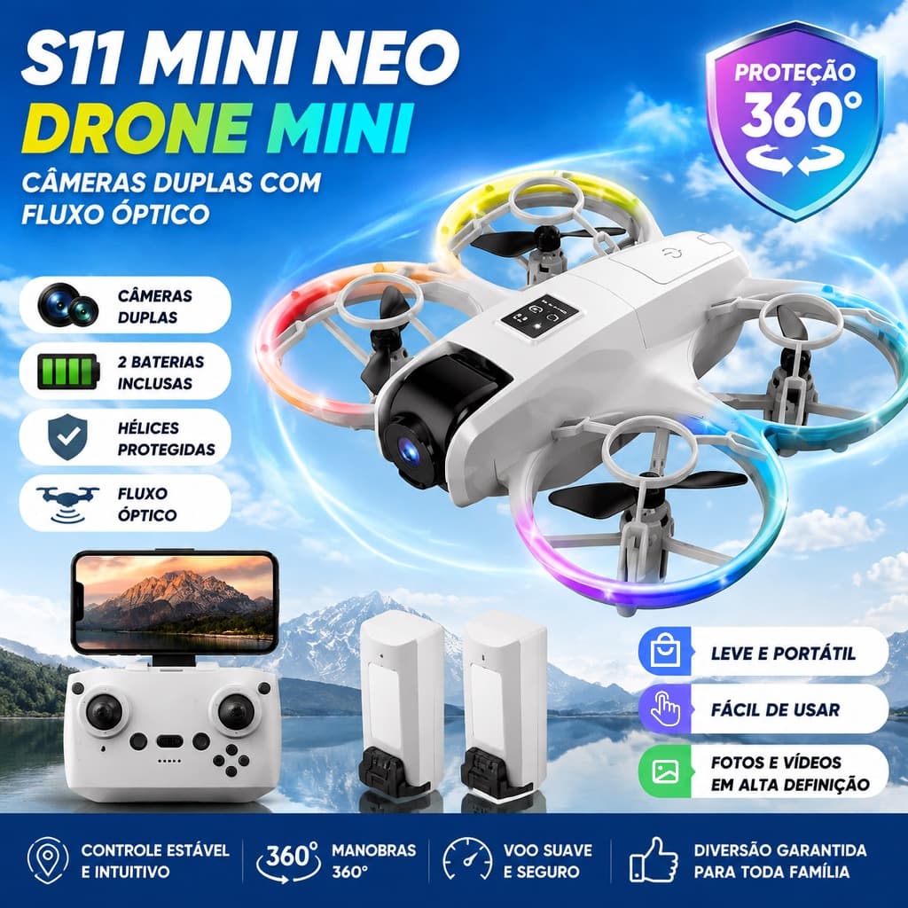 Drone S11 Mini Neo Câmera HD 4K Controle 2.4GHz Drone para Crianças Iniciantes Proteção 360° com Luz LED