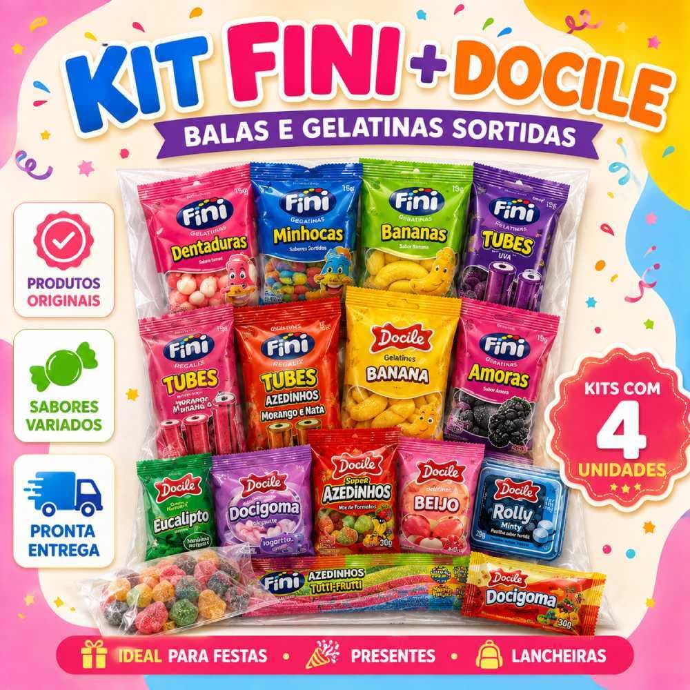 🍬 Kit Fini e Docile 10 ou 20 Kits | 40 ou 80 Balas de Gelatina Sortidas | Festa Infantil, Lembrancinha e Sacolinha