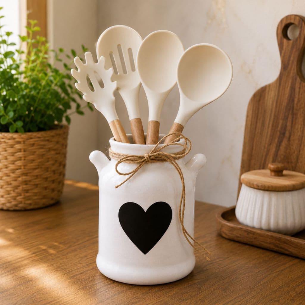 Leiteira Fios de Rami Ceramica Branco Decorativa Cozinha Porta Talher