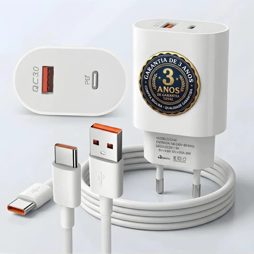 Carregador Turbo Super Rápido 40w Para iPhone 15 16 17 Samsung Galaxy S24 S23 S22 S21 S20 Fe Ultra Motorola M22 M31 M32