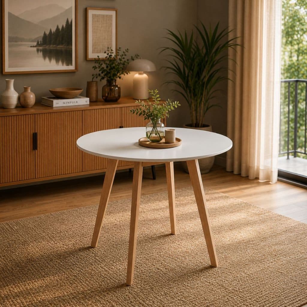 Mesa De Jantar Leda Redonda Base Madeira Tampo MDF 80cm Moderna Elegante Sala De Jantar Moderna Copa Branca CompactA