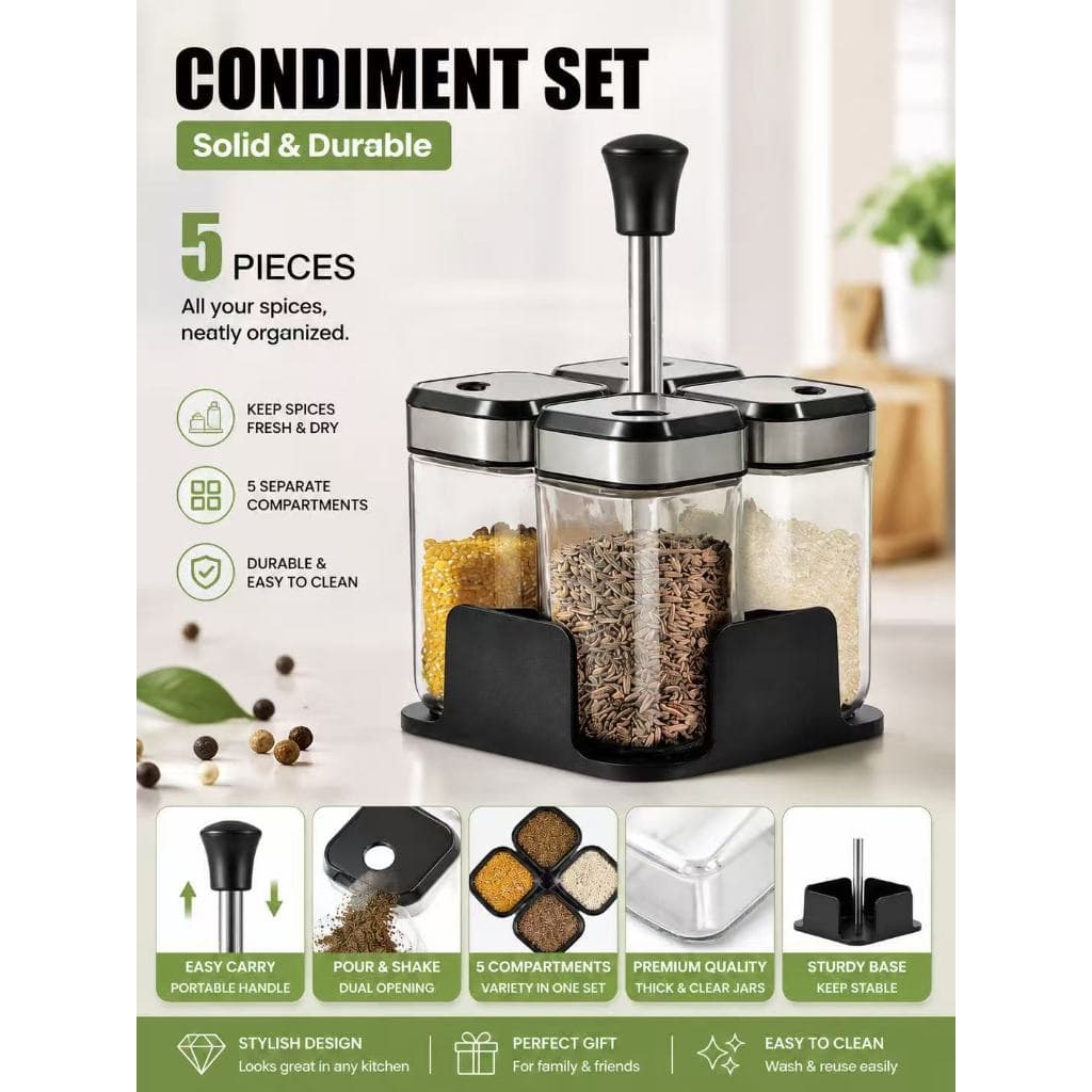 Porta Temperos Giratório 5 Peças com Suporte Organizador de Condimentos Tampa Inox para Cozinha