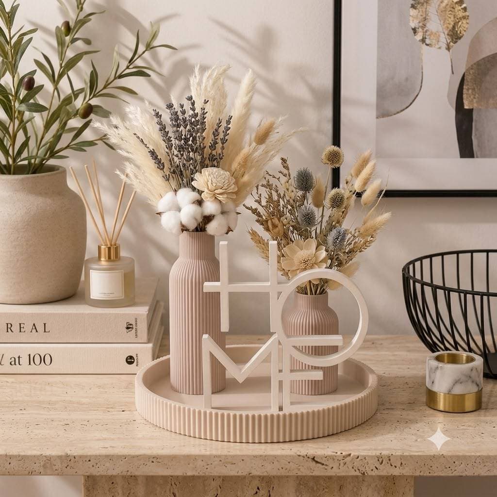 Conjunto Kit Decorativo  Bandeja + Letreiro HOME  + Dupla de Vasos | Elegante, Moderno | Ideal Para Sala, Estantes