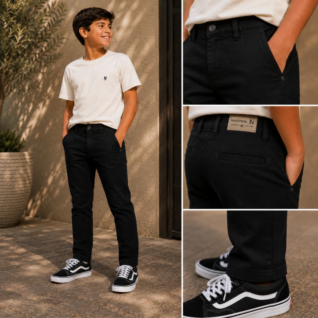Calça Masculina Juvenil Sarja Premium com Elastano e Regulador Interno Tamanhos 10 ao 16