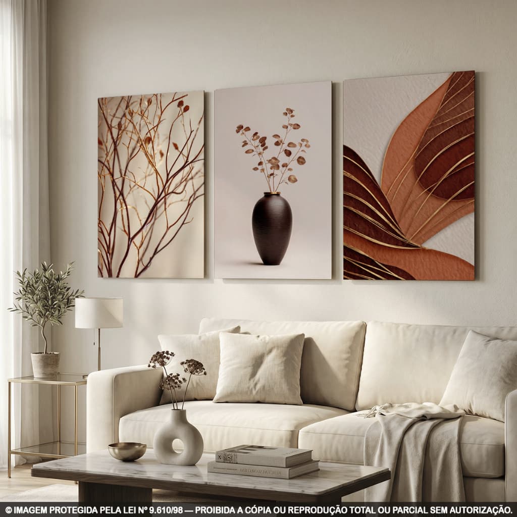 Kit 3 Quadros Decorativos Botânicos em Tons Terrosos com Vaso, Galhos e Folhagens