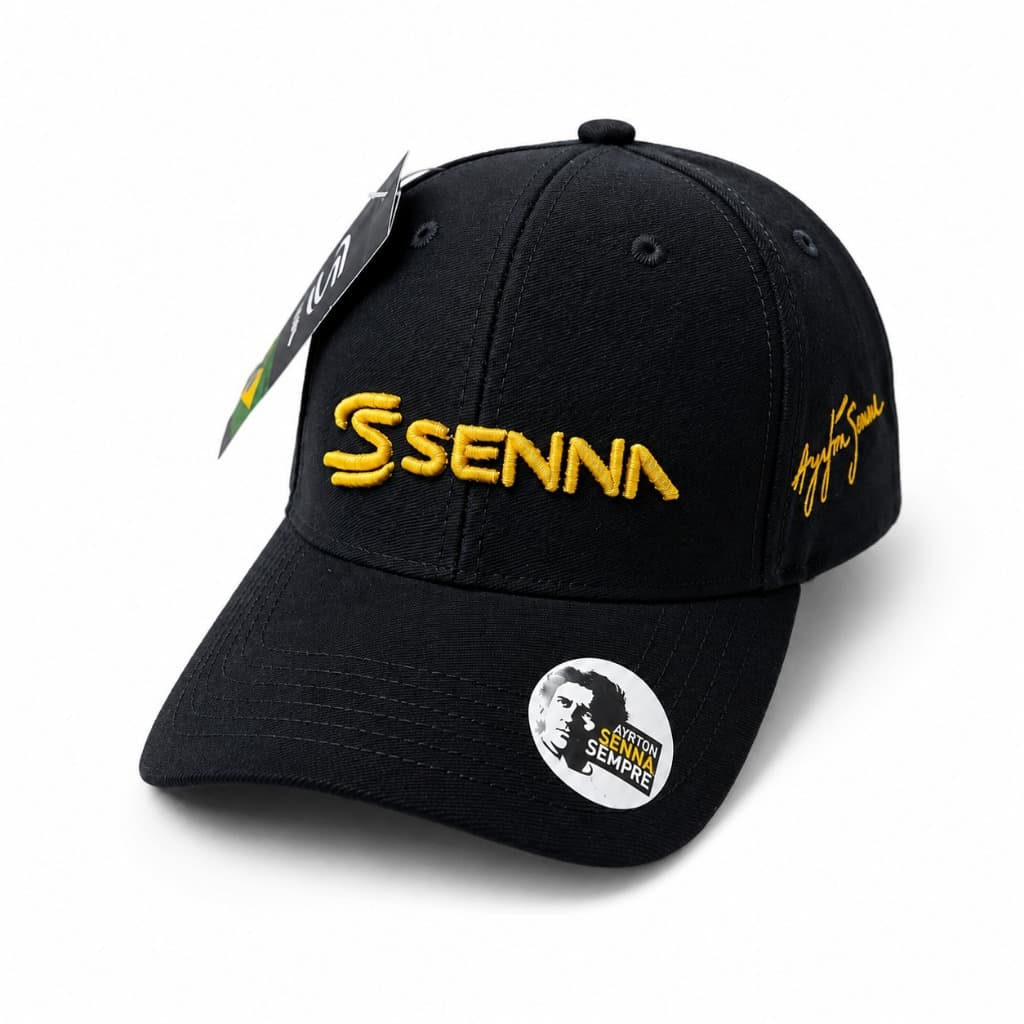 Boné Ayrton Senna Preto Retrô Assinado Aba Curva Bordado Banco Nacional F1 Masculino Fitão Ajustavel