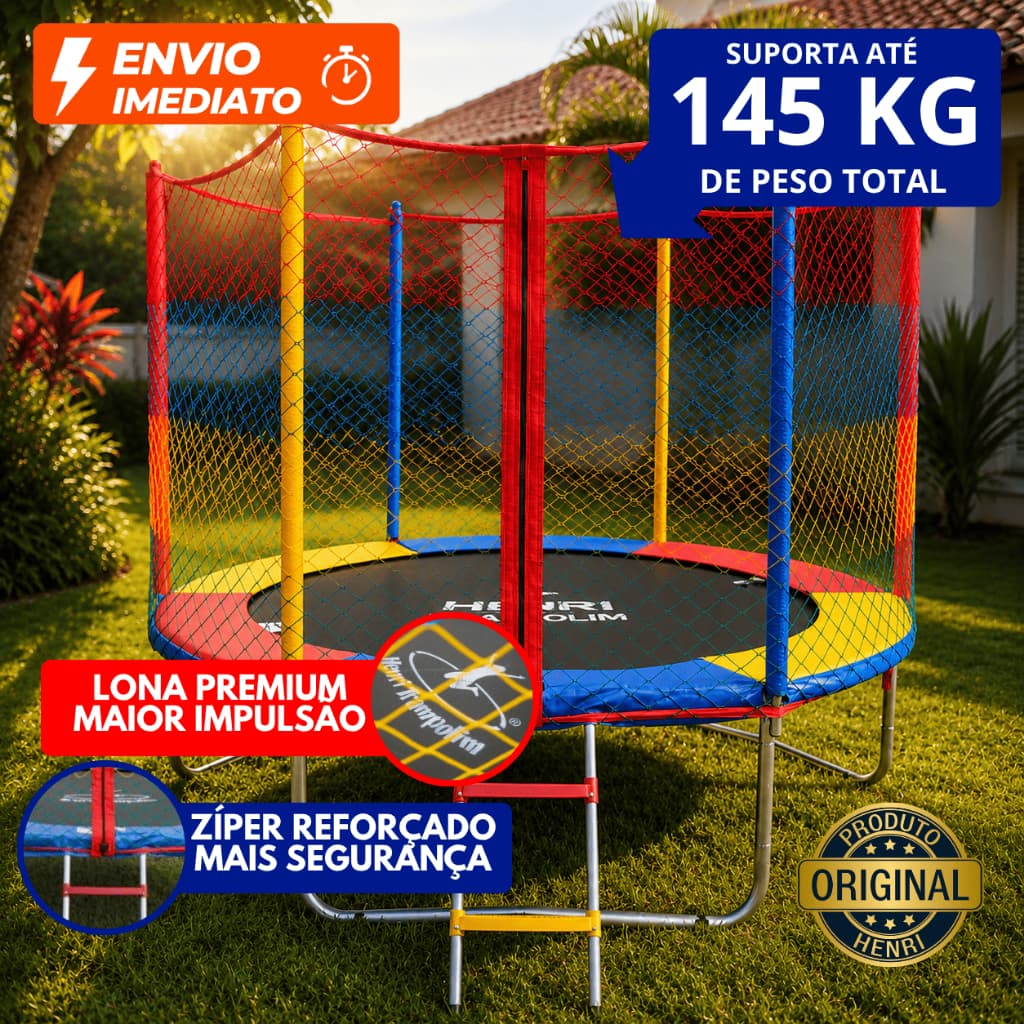 Cama Elástica 2,00m Pula Pula Trampolim Infantil com Escada Rede de Proteção Resistente
