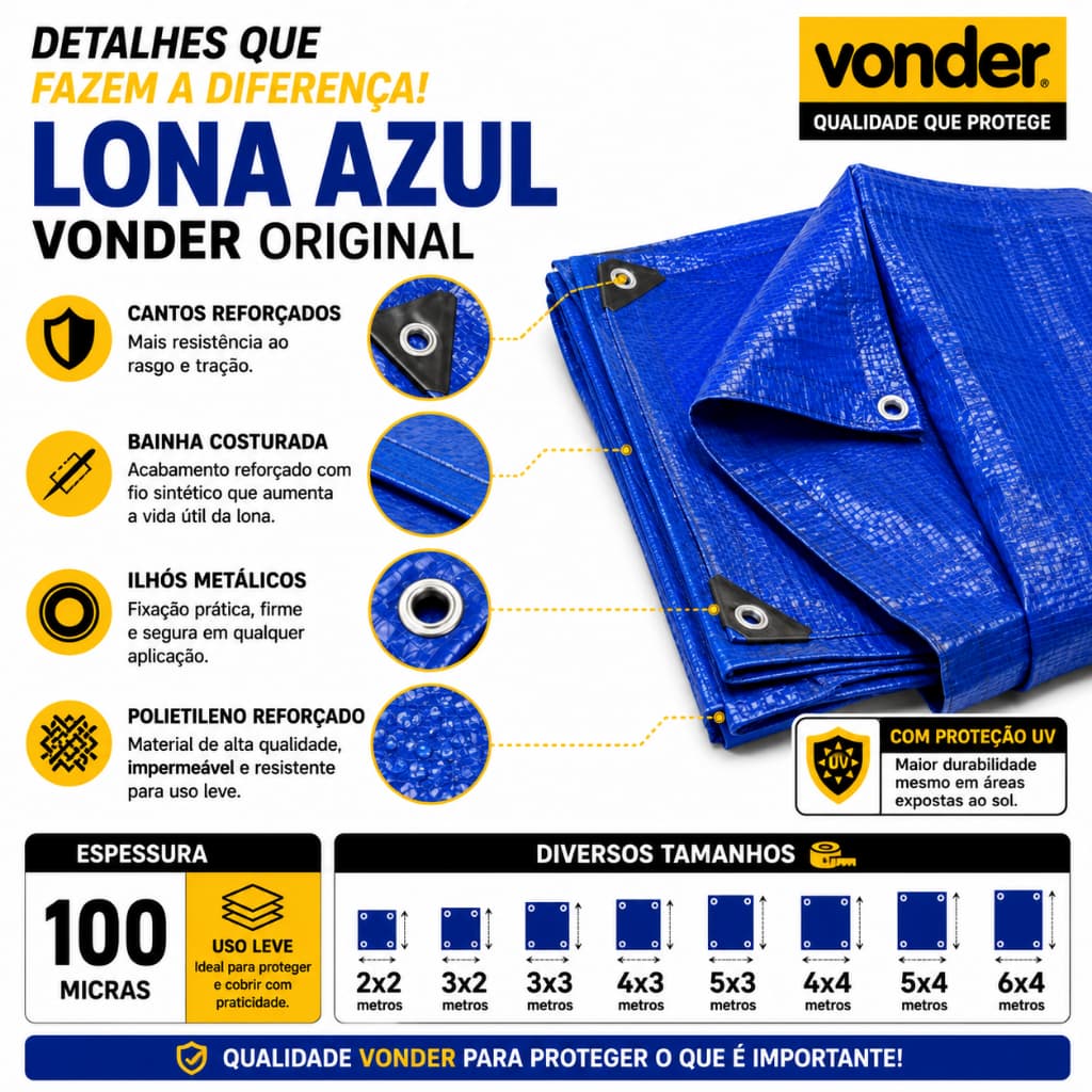 LONA IMPERMEÁVEL LEVE 100 MICRAS AZUL VONDER. DISPONÍVEL DO 2X2 AO 6X4. VARIAÇÃO
