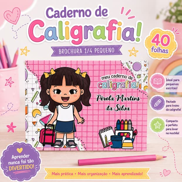 CADERNO BROCHURA CALIGRAFIA 1/4 PEQUENO | CADERNO DE CALIGRAFIA PEQUENO HORIZONTAL | CADERNO PERSONALZIADO