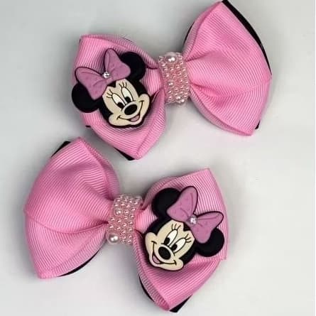 Duplinha de laços de cabelo infantil Minnie Rosa luxo pronta entrega