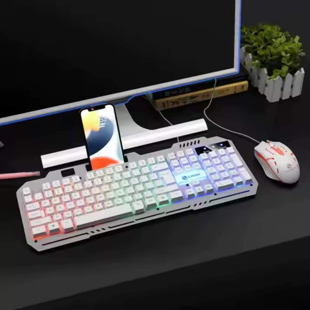 Kit Gamer Teclado e Mouse USB com Fio RGB ABNT2 LED Colorido para PC Notebook Home Office Jogos Jogar
