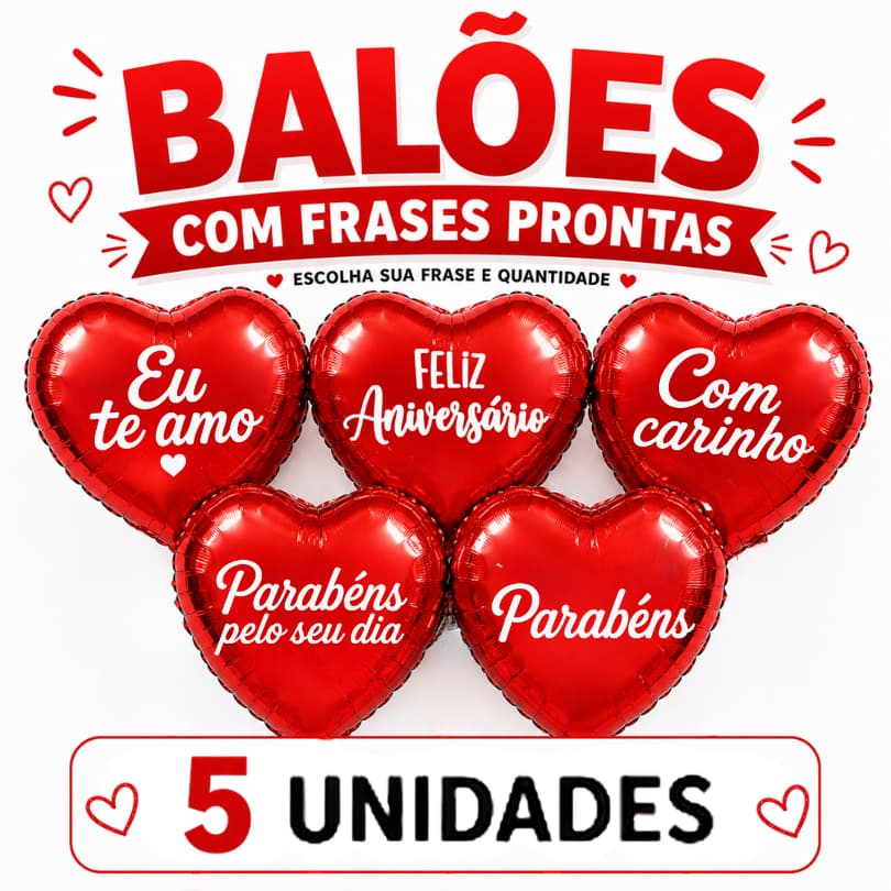 5 balões frases + 5 varetas balão de coração metalizado balão de aniversário kit balão aniversário feliz aniversário