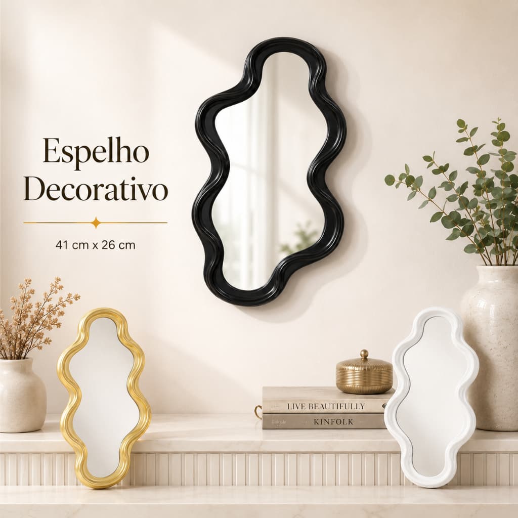 Espelho Decorativo Orgânico 41x26cm Moldura Ondulada Preto Branco Dourado Parede Sala Quarto