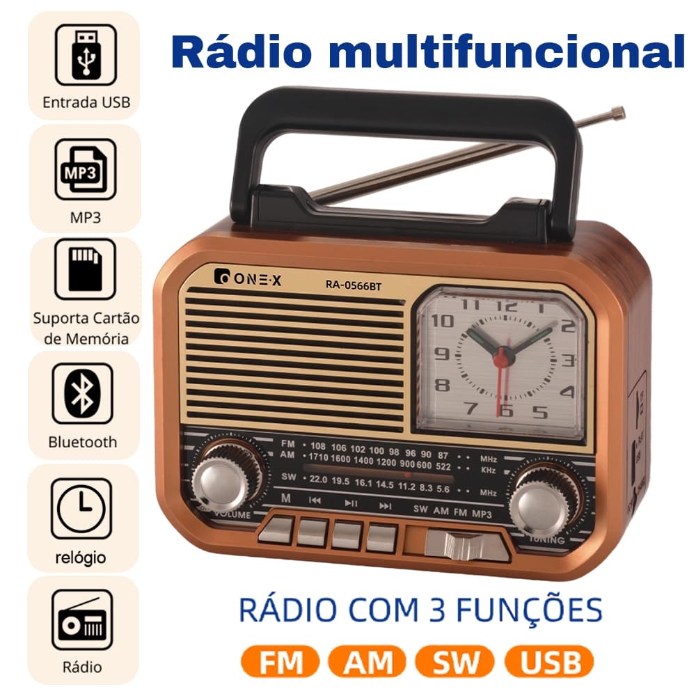 ONEX Caixinha de som rádio relógio retro bluetooth vintage fm sw usb portátil De Som Relógio Retro