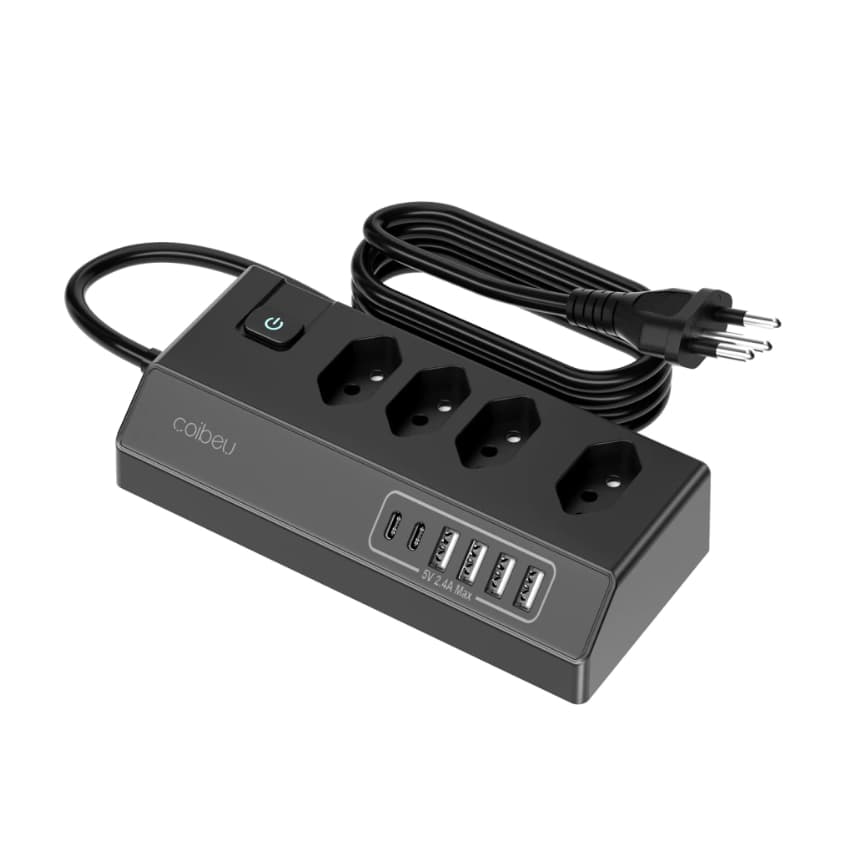 Extensão Elétrica Régua Filtro de Linha 4 Tomadas 6 USB Tipo-C Cabo 1.8M Bivolt 2200W