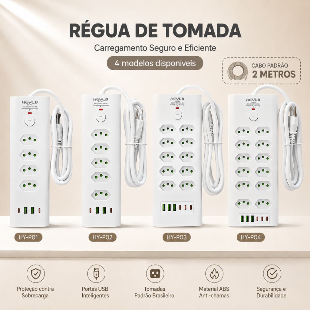 Régua de Tomada Filtro de Linha com USB 2 Metros Bivolt – 4 Modelos