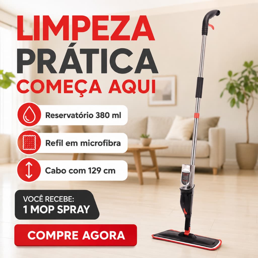 Mop Spray com Reservatório 380ml Microfibra Cabo Inox Limpeza de Piso Sem Balde Vermelho e Cinza