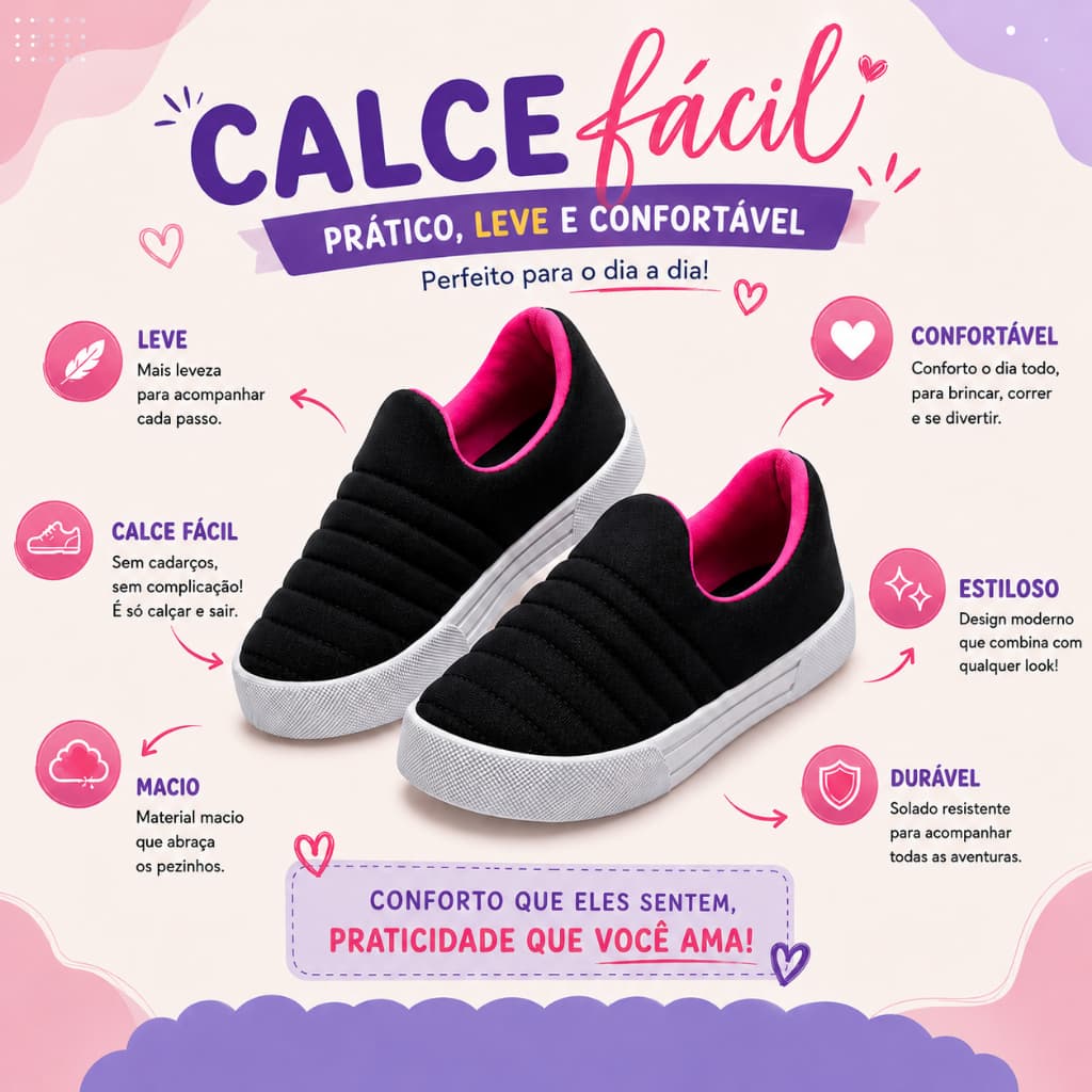Calce Fácil Infantil Menina Leve e Delicado