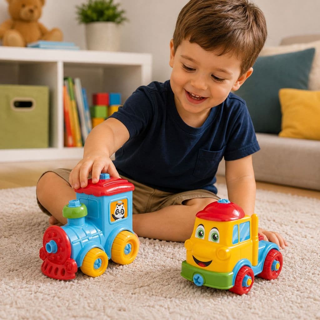 Kit Caminhão e Trem Brinquedo Multicolorido Formas Arredondadas Estimula Coordenação Motora Desenvolvimento Cognitivo