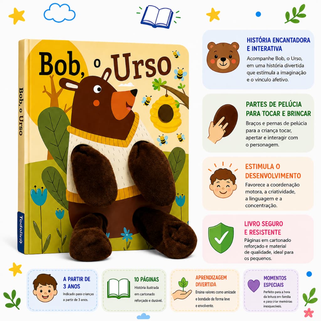 Livro Dedoche Bob O Urso Abraço Gostoso |TodoLivro| Livro Infantil Interativo Com Fantoche Educativo |Capa Dura +3 Anos