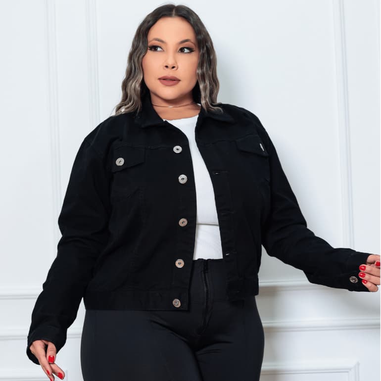 Jaqueta Jeans Feminina Plus Size Com Botões Frontais Manga Longa Premium