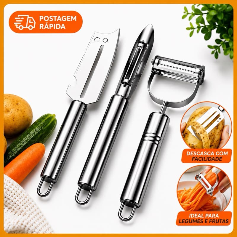 Kit 3 Descascadores de Legumes e Frutas em Aço Inox Julienne Multifuncional Removedor de Escamas