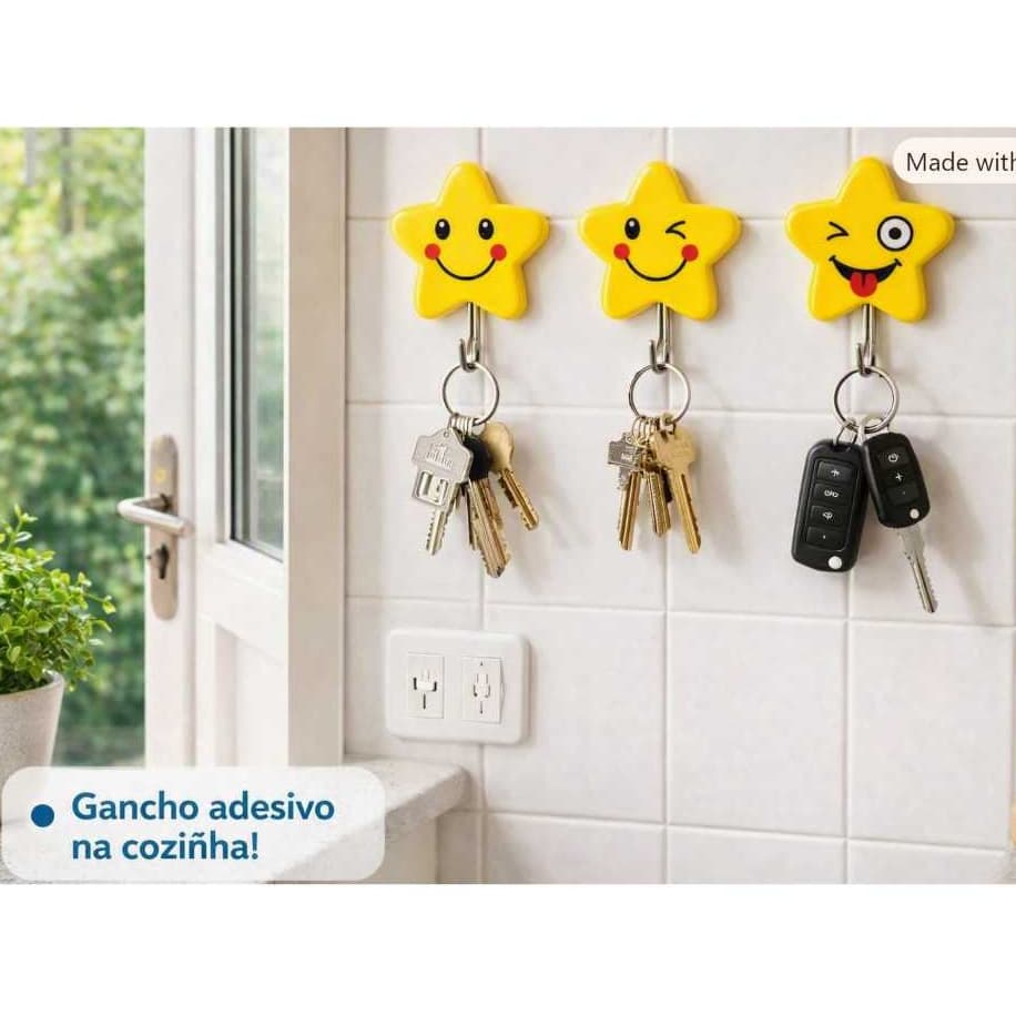 Kit 3 ou 6 Gancho Auto Adesivo De Parede Multiuso Estrela Star Emoji Dupla Face Super Forte Quarto Cozinha Banheiro