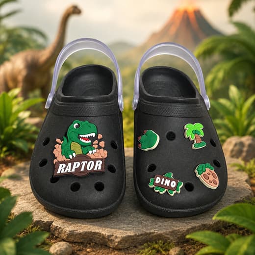Papete Babuche Infantil Menino Dinossauro Raptor Com 4 Pins Removíveis Passeio Escola Dia a Dia