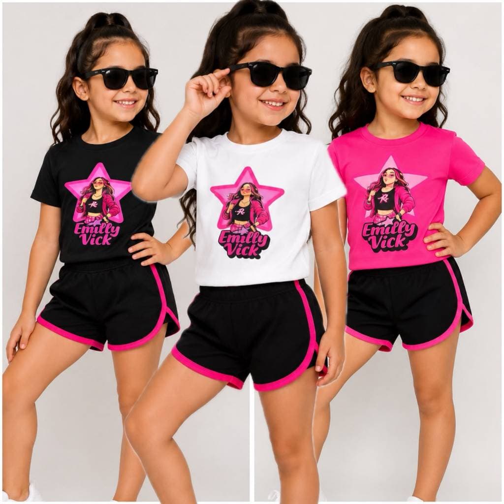 Conjunto Infantil Menina Emily Vick Camiseta 100% Algodão + Short Runner Moletinho do 2 ao 14 Anos