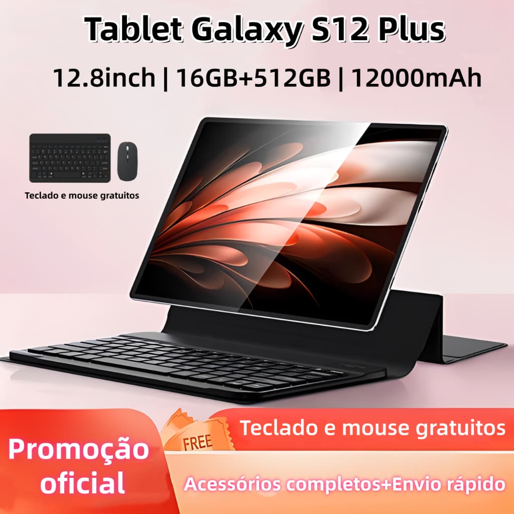 【Garantia de 1 ano】Tablet Galaxy S12 Plus 12,8 polegadas, 16 GB + 512 GB, bateria de 12.000 mAh, com acessórios