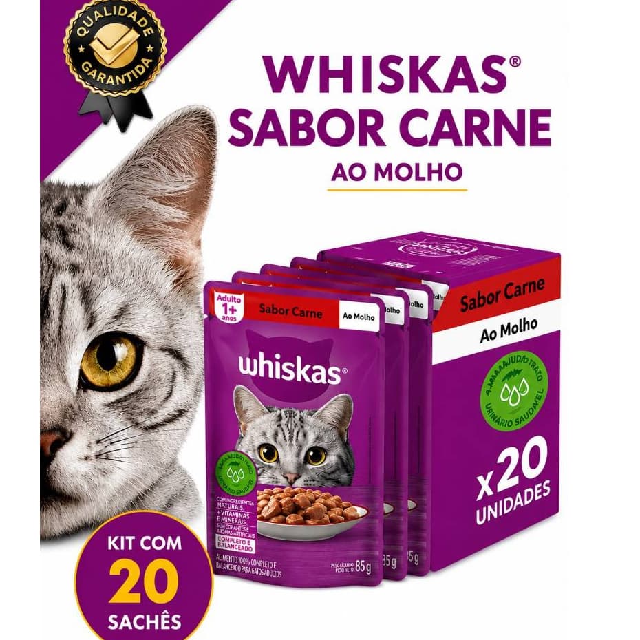 Ração Whiskas kit/20 Sachês Gatos Carne ao Molho 85g - Sabor Inigualável e Hidratação Ideal