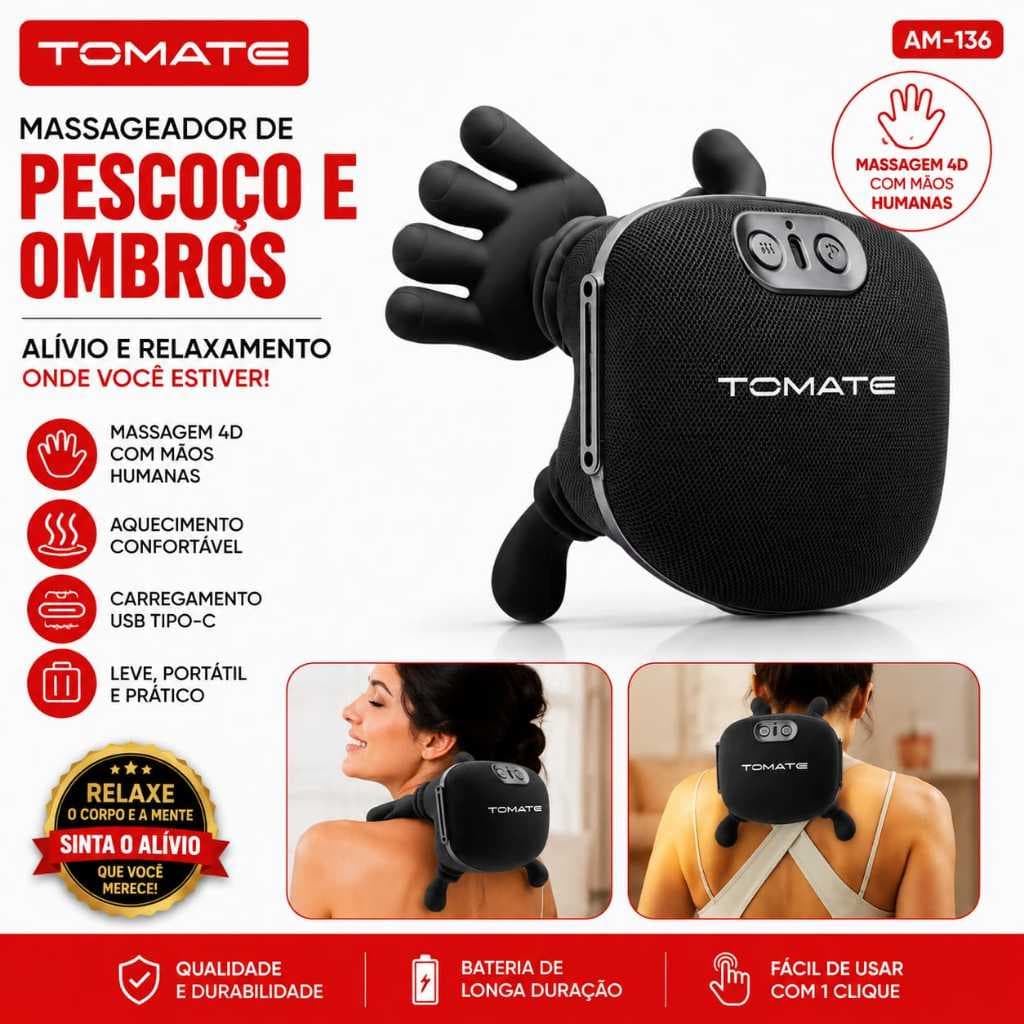 Massageador de Pescoço e Ombros Tomate AM-136 4D Recarregável USB-C Portátil
