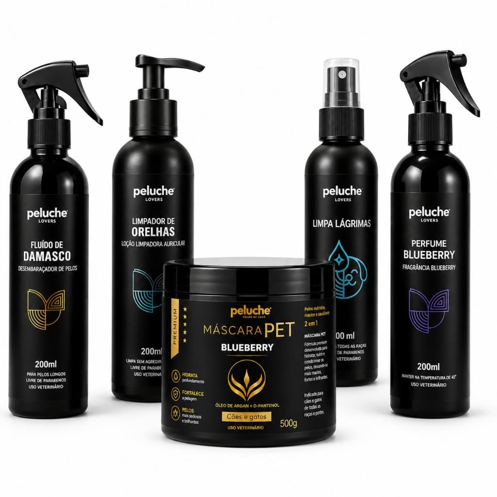 Kit Completo para Cachorro Hidratação Higiene Desembaraço Perfume Blueberry Peluche Banho e Tosa Premium