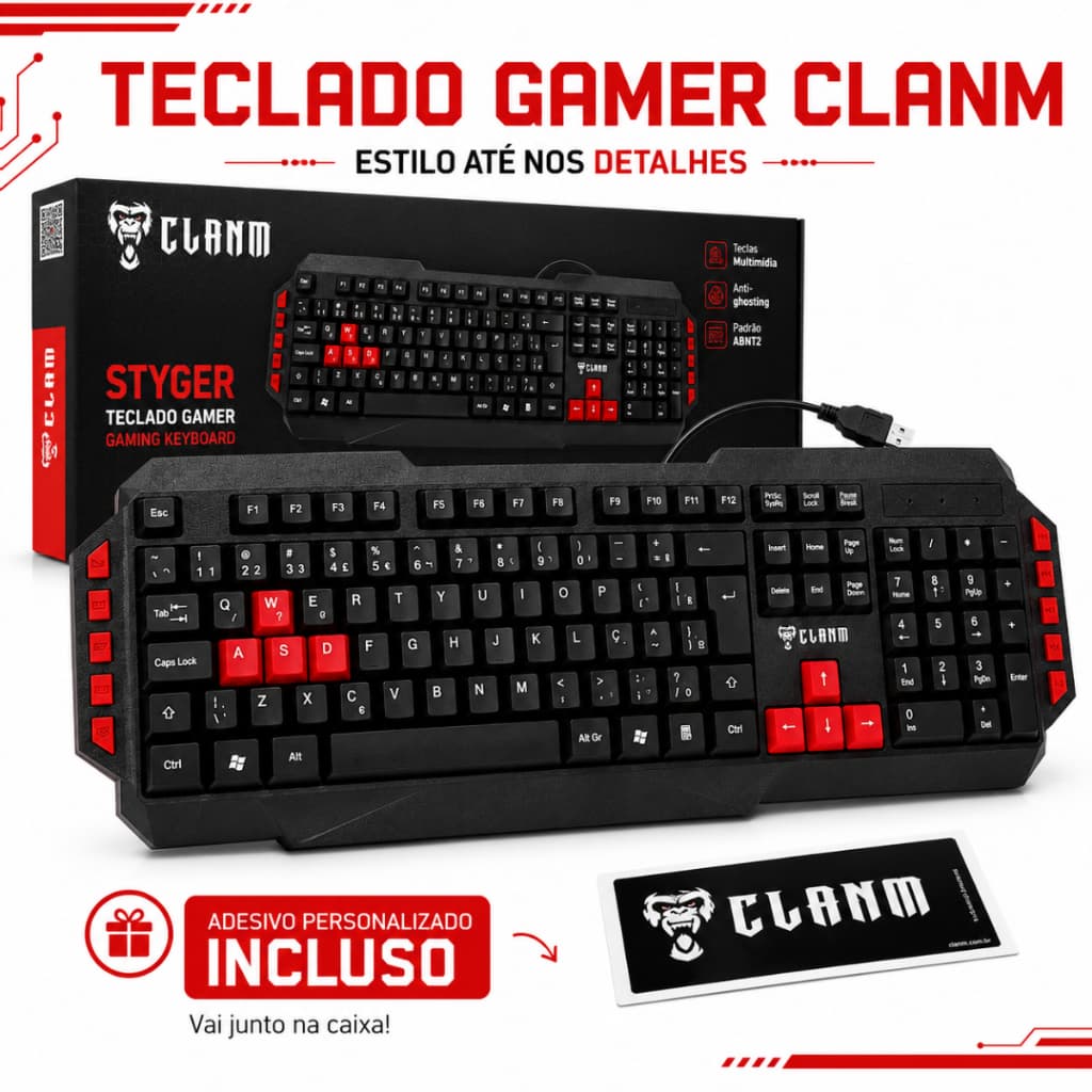 Teclado Gamer CLANM Styger Preto Vermelho ABNT2 USB 117 Teclas Multimídia Anti-Ghosting Teclas Atalho PC Notebook