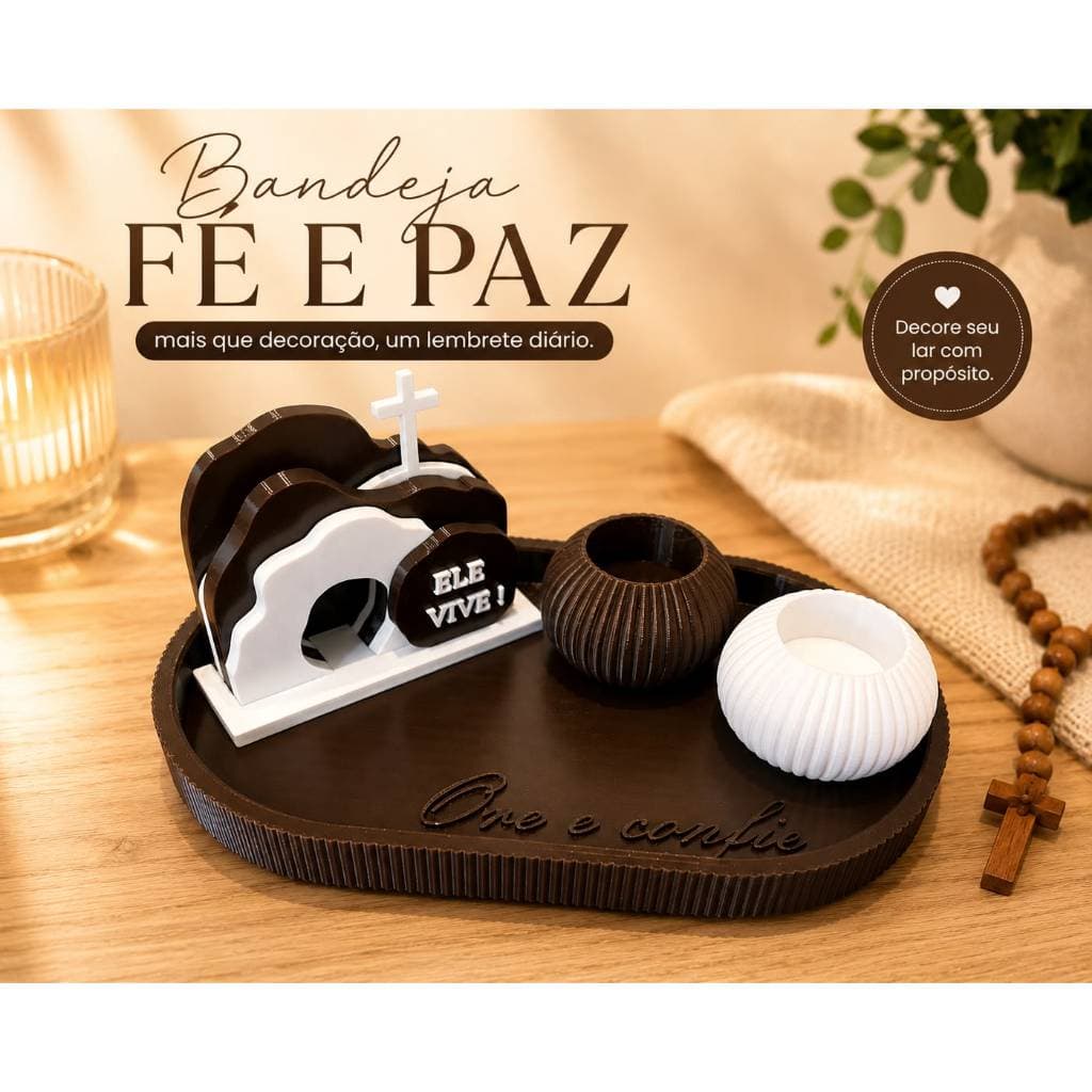 Kit Bandeja Fé e Paz com Porta-Velas – Decoração para Sala, Quarto e Oratório