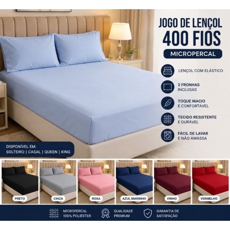 Jogo de Cama 400 Fios Micropercal Lençol com Elástico e 2 Fronhas Solteiro Casal Queen King