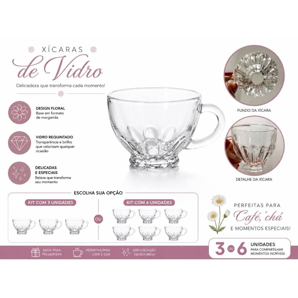 Conjunto de Xícaras de Vidro 110ml – Kit com 3 ou 6 Unidades