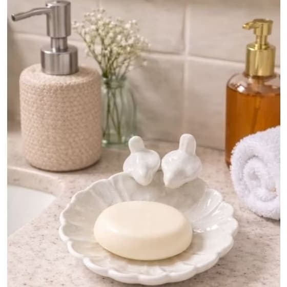 Porta sabonete e acessorios Cerâmica Esmaltada com Passarinhos | Porta Sabonete Decorativo