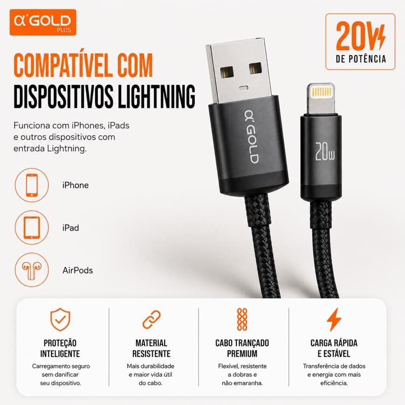 Cabo Lightning para iPhone 1 Metro 20W Reforçado Carregamento e Dados