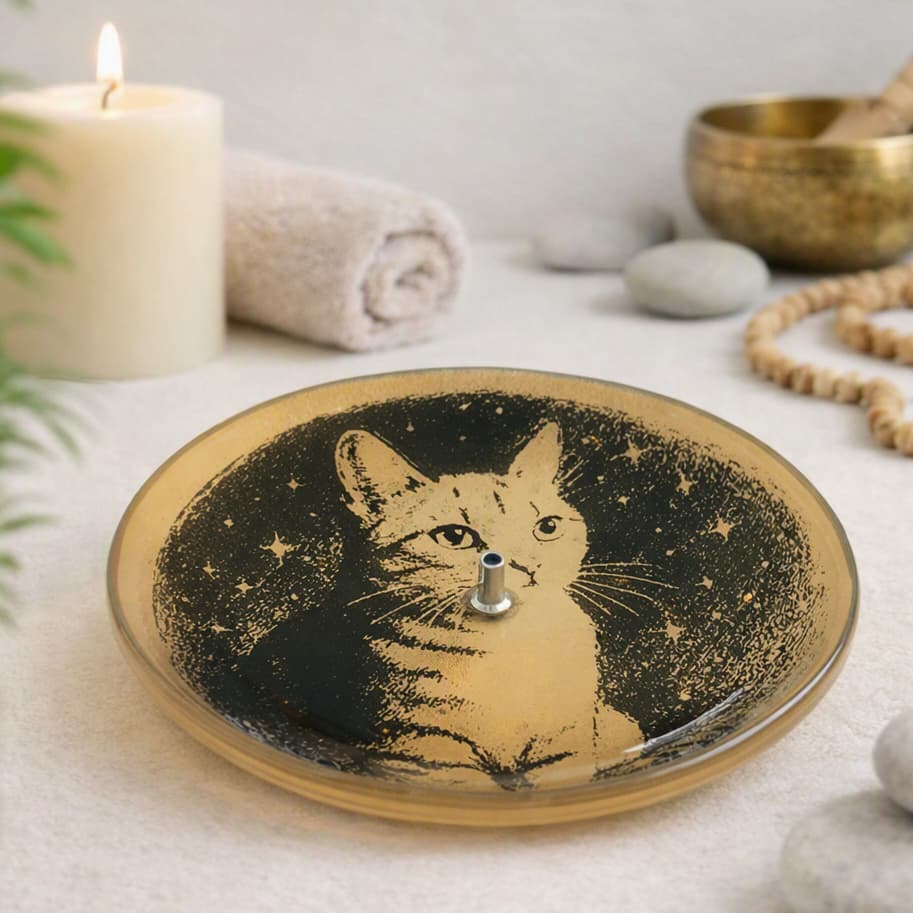 Incensário em Vidro Redondo 13cm Diâmetro Estampa Gato nas Cores Preto e Dourado
