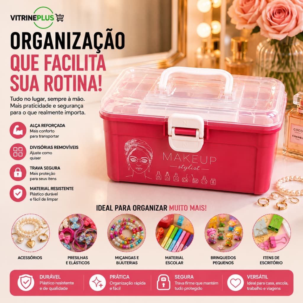Maleta Organizadora Multiuso com Divisórias Removíveis  Caixa para Maquiagem, Bijuterias, Acessórios e