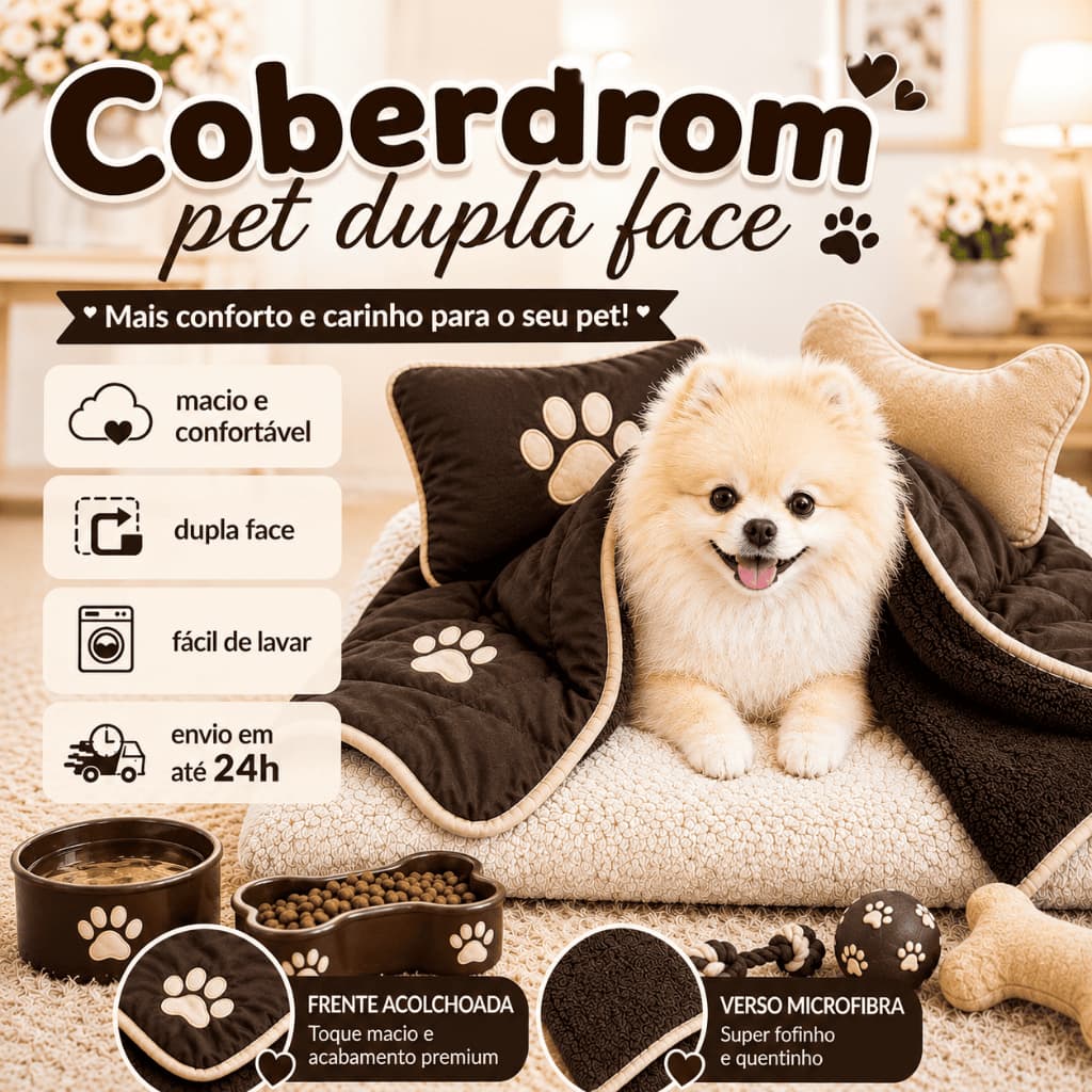 Coberdrom Pet Dupla Face 1,20x1,00m Edredom para Cães e Gatos com Travesseiro e Almofada Ossinho - Kit 3 Peças