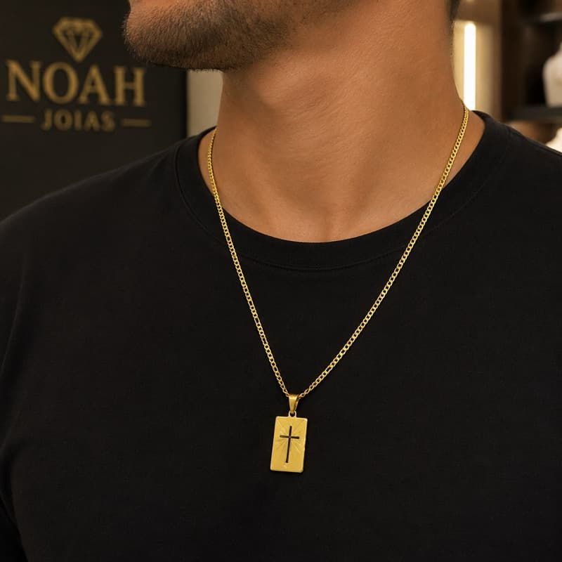 Colar Masculino Cruz Banhado a Ouro 18K Corrente Dourada Acessório Religioso