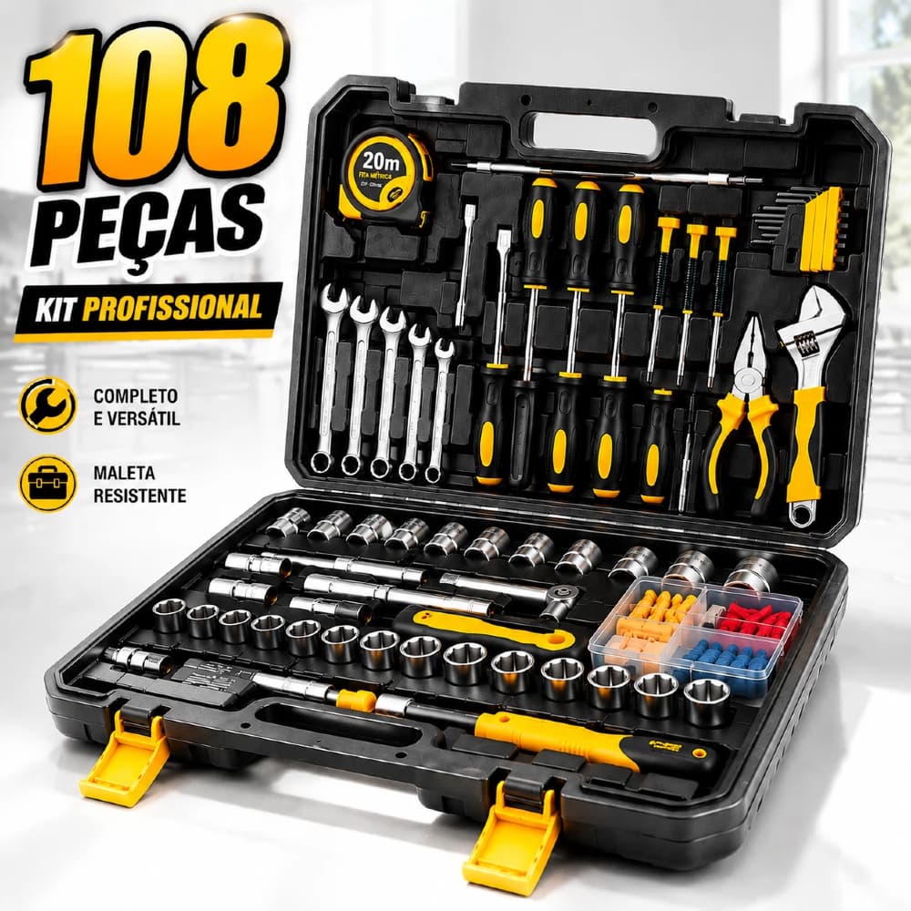 Kit 108 Peças Ferramentas Profissional com Maleta - Jogo de Chaves e Soquetes para Mecânica