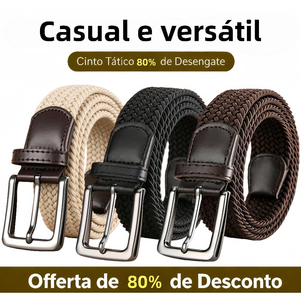 Cinto Masculino Tecido Trançado Elástico Ponteiras Em Couro