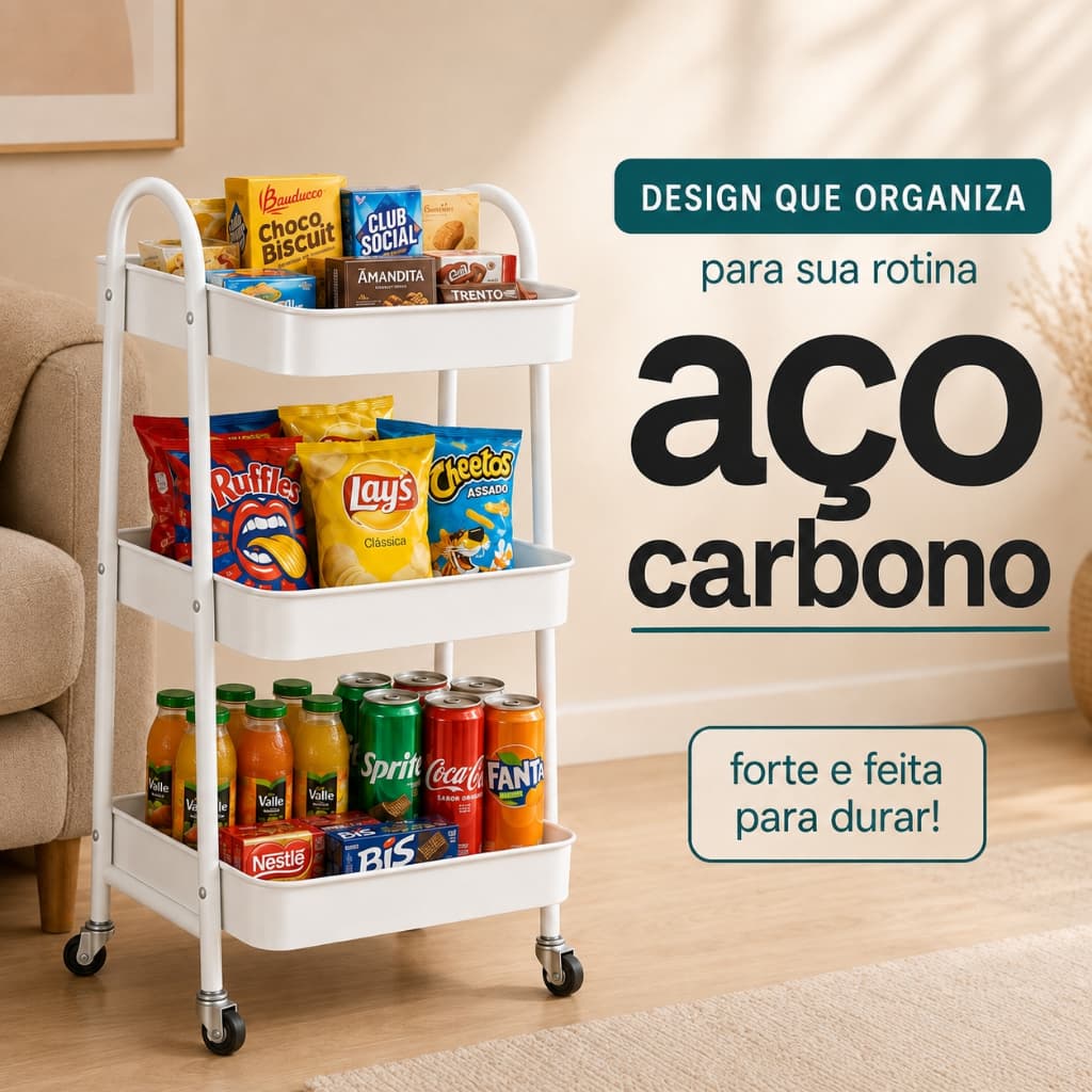 Carrinho Organizador Multiuso Auxiliar 3 Prateleiras em Aço Carbono com Rodinhas para Casa