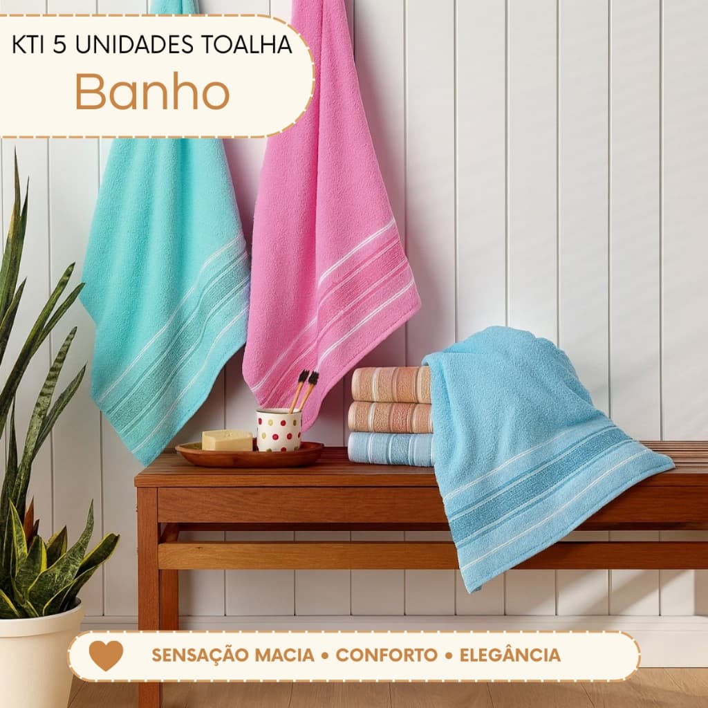 Kit 5 Toalhas de Banho 100% Algodão Grande Super Macia Alta Absorção Jogo de Banho 5 Peças Enxoval Casa Luxo