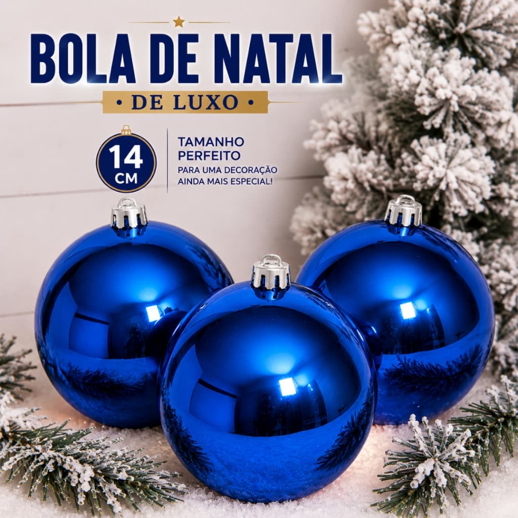 Kit 6 Bolas de Natal Azul 14cm Grandes Luxo Premium Brilho Espelhado Enfeites Árvore Natalina